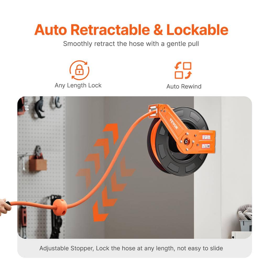 VEVOR Retractable Air Hose Reel, 1/2 in. x 50 ft. Hybrid Air Hose Max 300PSI, Air Compressor Hose Reel Auto-Rewind with 5 ft. (3)