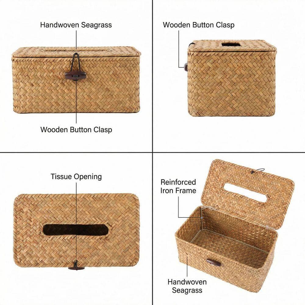 KHKFY Rectangular Tissue Box Cover with Caramel Seagrass Weave, Hand-Woven Rattan Style for Bathroom Decor (3)