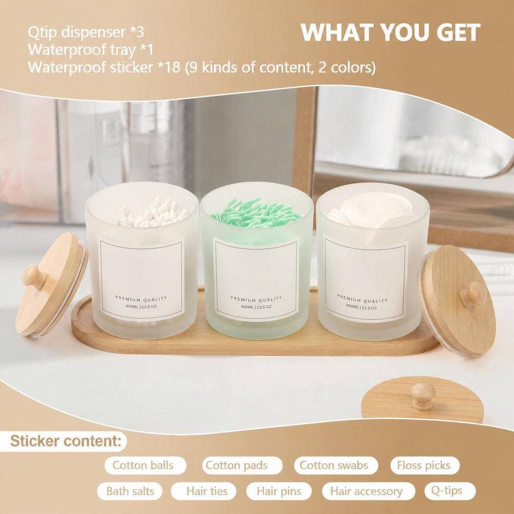 KHKFY 3 Pack Glass Cotton Swab and Cotton Ball Holders with Bamboo Lids and Non-Slip Tray for Bathroom Storage (2)