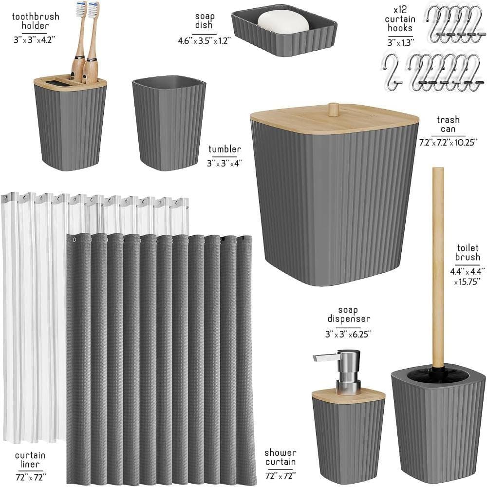 Whatseaso Bathroom Set, Bathroom Accessory Set, Shower Curtain Set, Toilet Brush, Trash Can & Soap Dispenser in Gray (2)