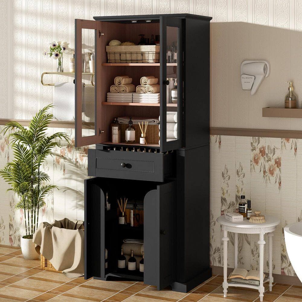 YSQCAR 24 in. W x 15.67 in. D x 67.5 in. H Black MDF Freestanding Linen Cabinet with Tempered Glass Doors, Adjustable Shelves (3)