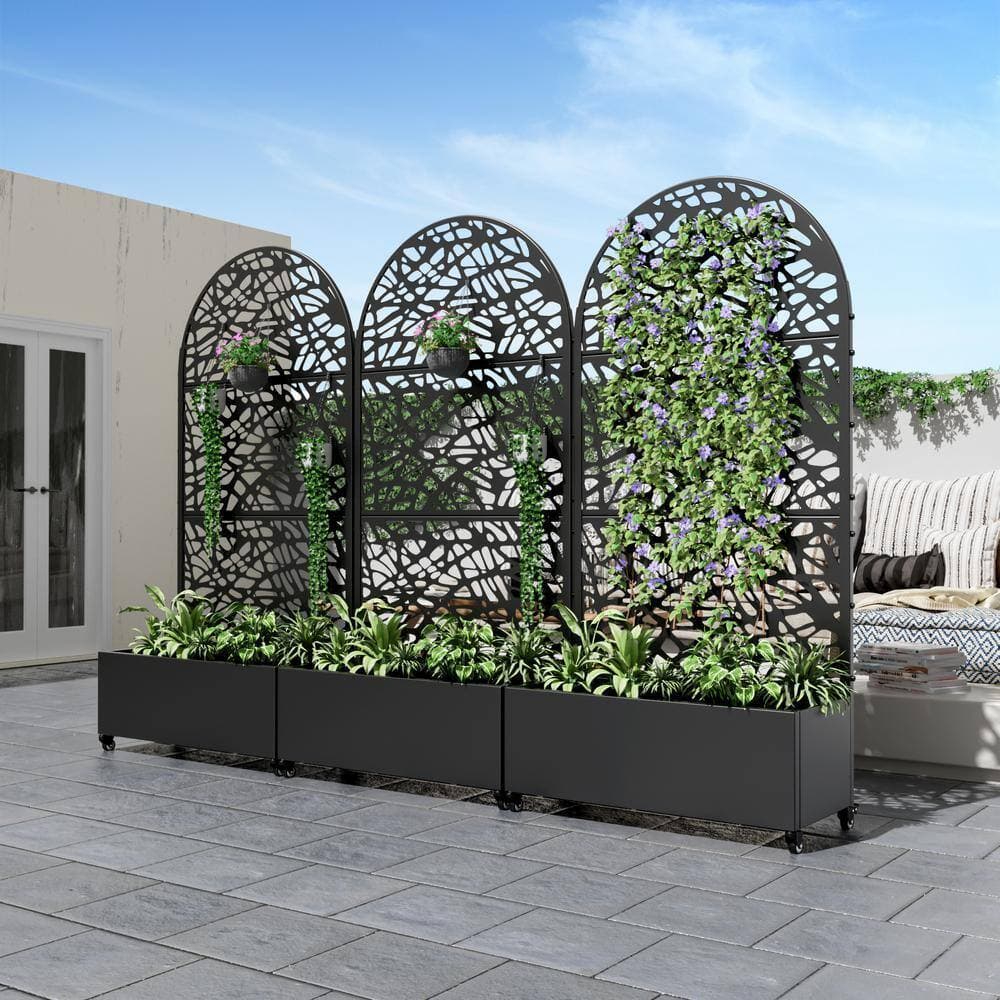 Lirago 72 in. x 35 in. Arched-Top Black Outdoor Metal Privacy Screen Raised Planter Box Wall Decor (3)