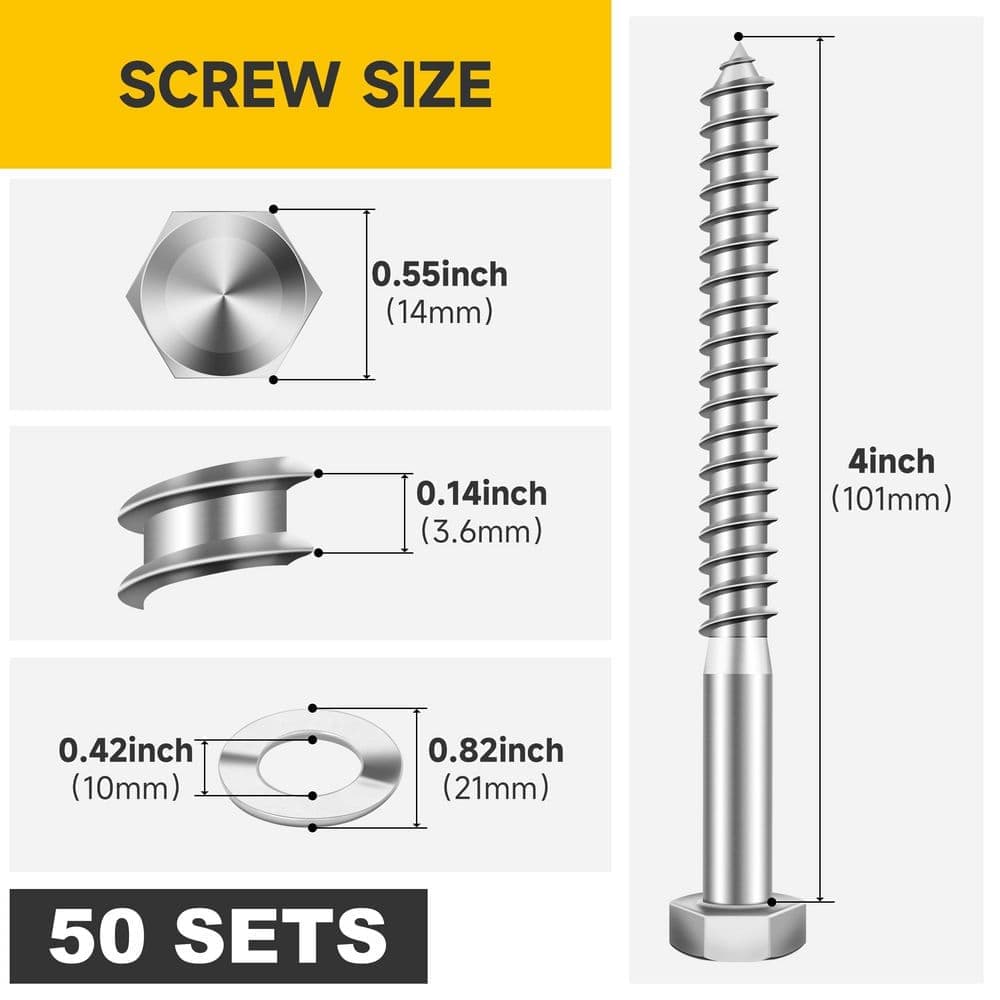 MYWISH 3/8 in. x 4 in. Stainless Steel Hex Drive Hex Head Lag Screws with Washers (50-Pack) (2)
