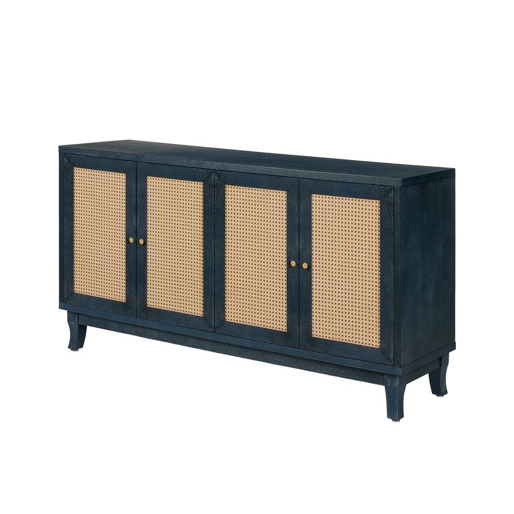 COWLOWN 59.80 in. W x 15.60 in. D x 32.30 in. H Antique Navy Blue Linen Cabinet Sideboard with 4 Rattan Doors (1)