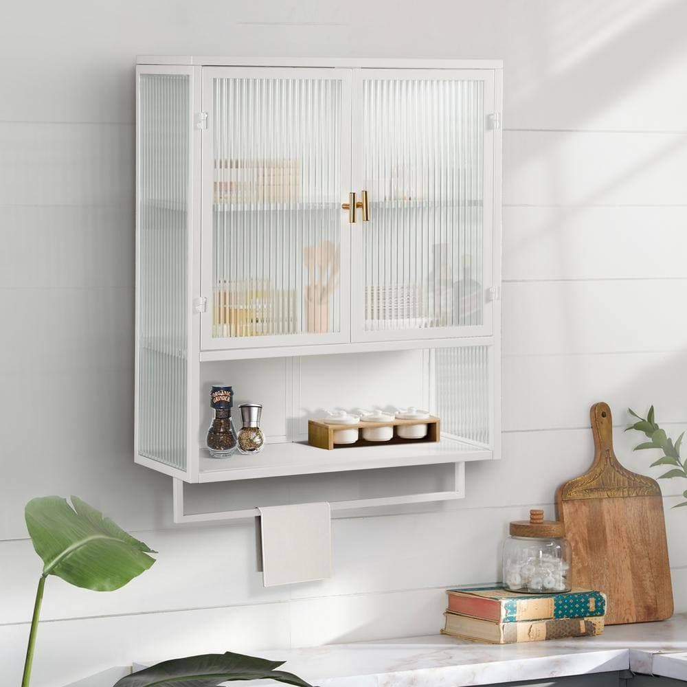 Zeus & Ruta 23.62 in. W x 9.06 in. D x 30.71 in. H Bathroom Storage Wall Cabinet in White with Double Glass Door and Towel Rack (2)