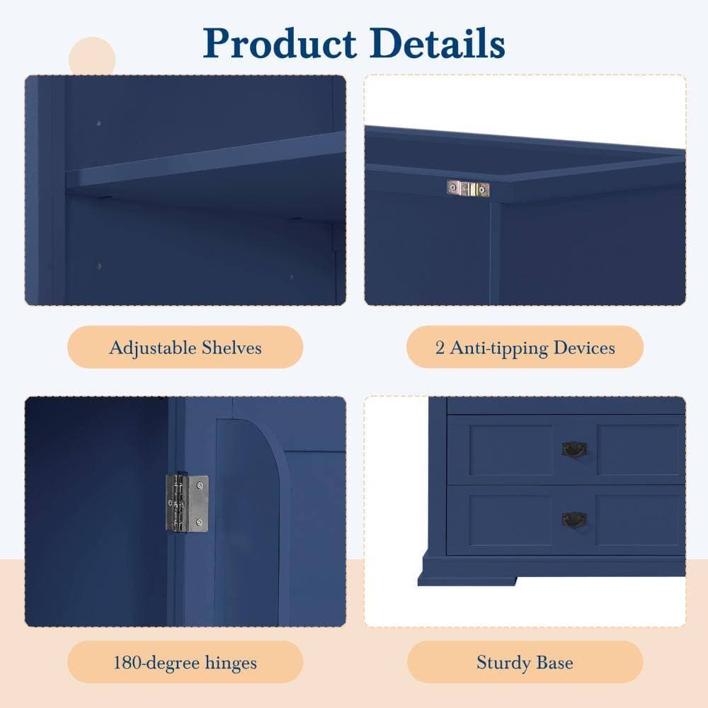COWLOWN 63.3 in. W x 17.8 in. D x 78.3 in. H Blue Linen Cabinet with Hutch, Drawers, Adjustable Shelves (3)