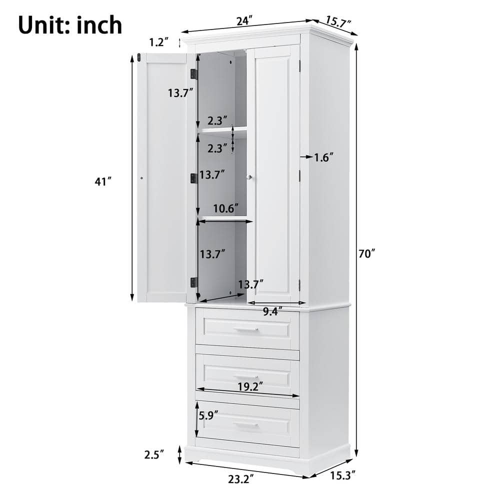 Unbranded 24 in. W x 15.7 in. D x 70 in. H White Bathroom Freestanding Linen Cabinet with 3-Drawers (2)