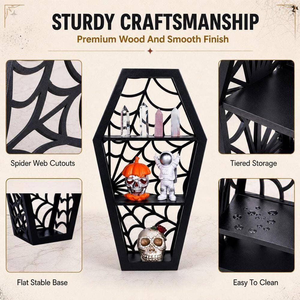 Wudkey 8.9 in. W x 15.4 in. H x 3.9 in. D Wood Spider Web Coffin Bathroom Shelf in Black, Vintage Halloween Decor for Kitchen (3)