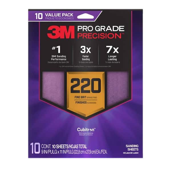 3M Pro Grade Precision 9 in. x 11 in. 220 Grit Faster Sanding Sheets with No-Slip Grip Backing (10-Pack) (2)