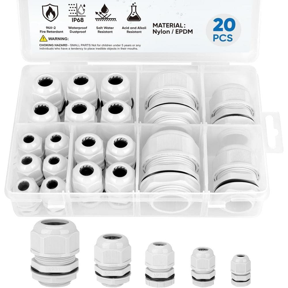 Yichuhaoxi 20-Pieces Waterproof NPT Adjustable Cable Connectors 1/4, 3/8, 1/2, 3/4, 1 in. for Junction Box Wire Pannel in Gray (1)