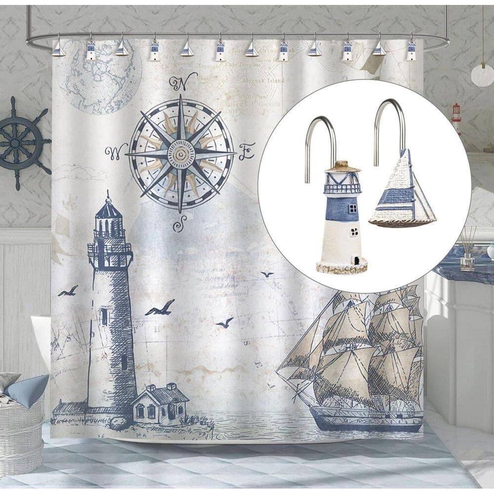 KHKFY Coastal Resin Shower Curtain Hooks (Set of 12), Blue Lighthouse Sailboat Nautical Rings, 2 Designs Included (2)