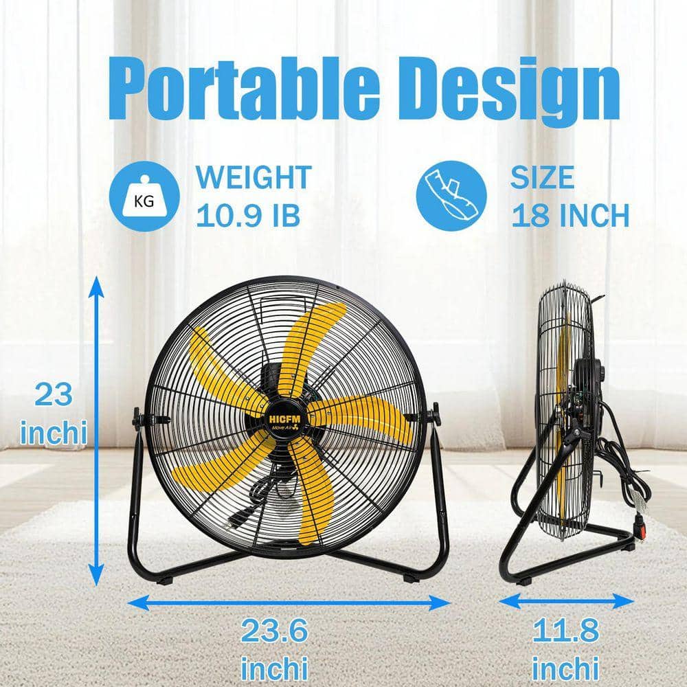 WOCK 20 in. High Velocity Metal Floor Fan in Yellow with 3 Speeds, 5,300 CFM, 360 Degrees Adjustable, Switchable Wall Mount (3)