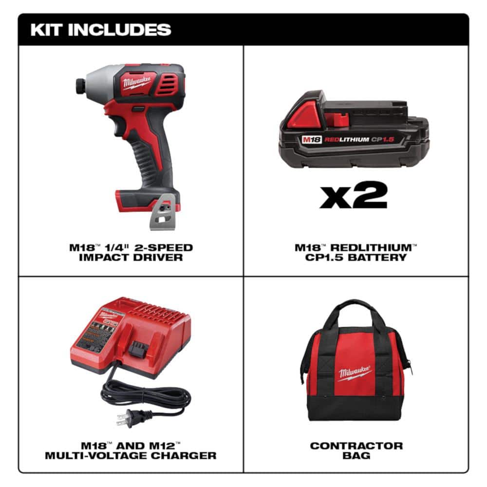 Milwaukee M18 18V Lithium-Ion Cordless 1/4 in. Impact Driver Kit with(2) 1.5Ah Batteries, Charger, Bag (2)