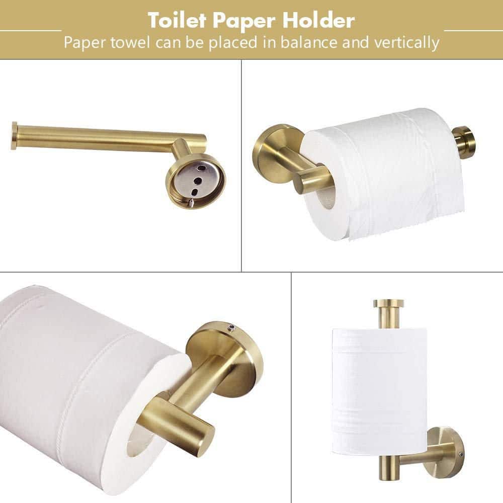 Anqtovp 5-Piece Bathroom Hardware Set with Hand Towel Bar Toilet Paper Holder Robe Hooks in Brushed Gold Finish (3)