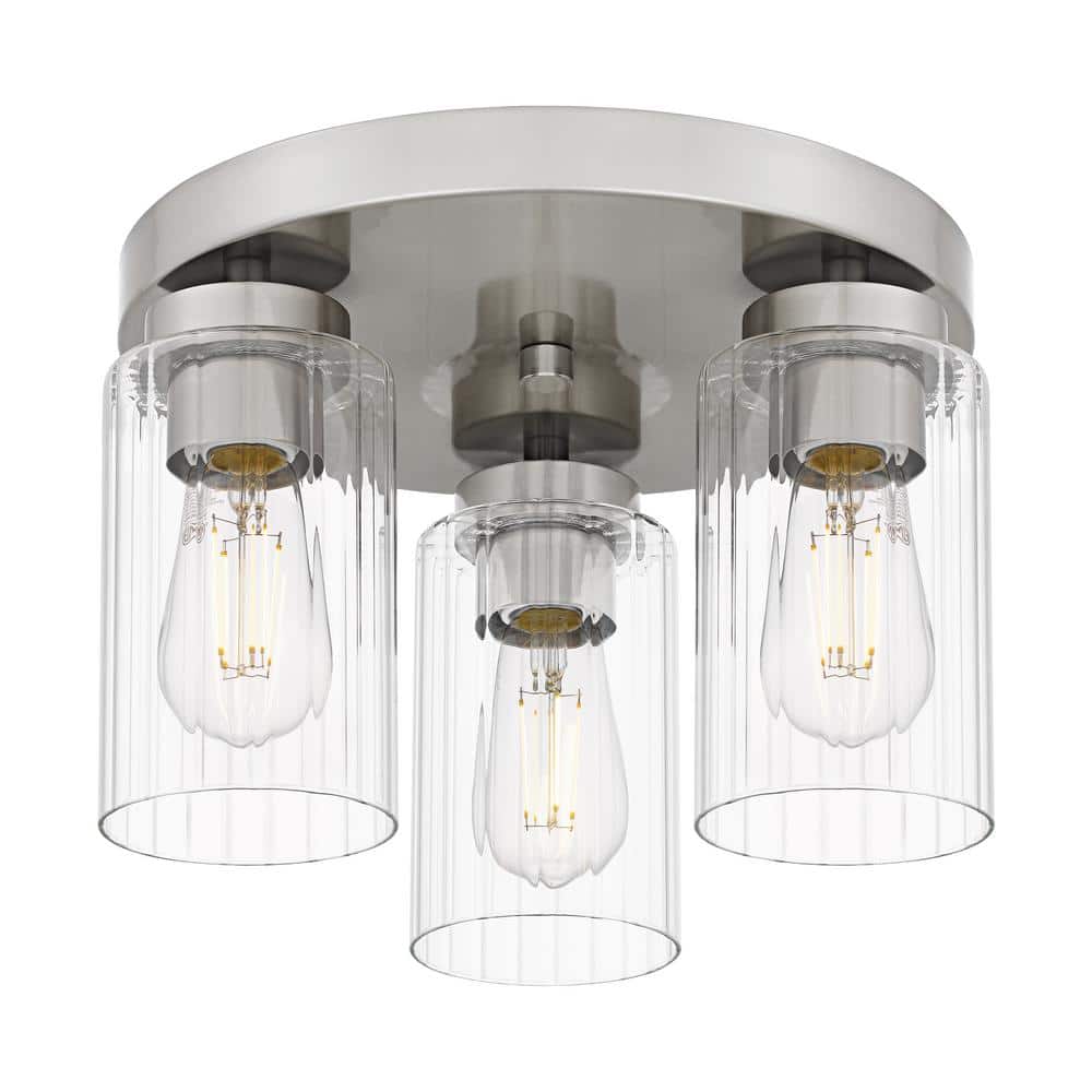 DSI LIGHTING Delphi 13.25 in. 3-Light Brushed Nickel Contemporary Flush Mount with Clear Ribbed Glass Shades (4)