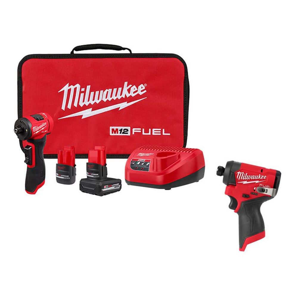 Milwaukee M12 FUEL 12V Lithium-Ion Brushless Cordless 1/4 in. Right Angle Die Grinder Kit w/ Impact Driver & Batteries
