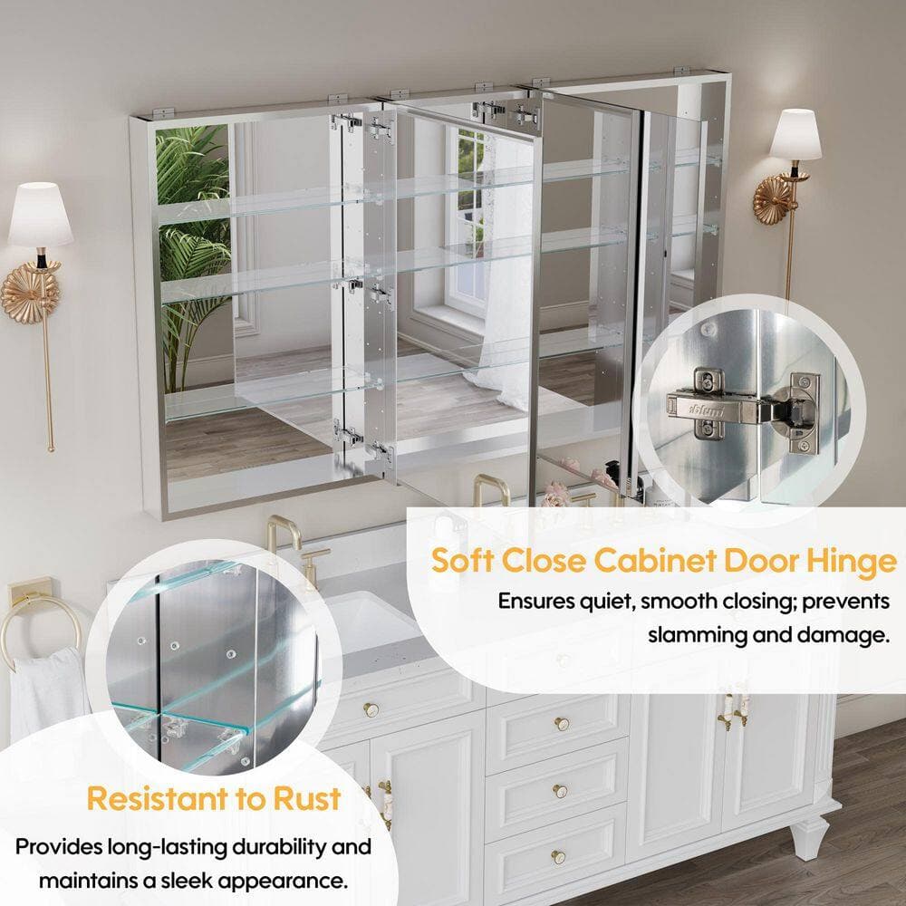 FORCLOVER 64 in. W x 36 in. H Square Medicine Cabinet with Mirror in Silver with Adjustable Shelves, Soft-Close (3)