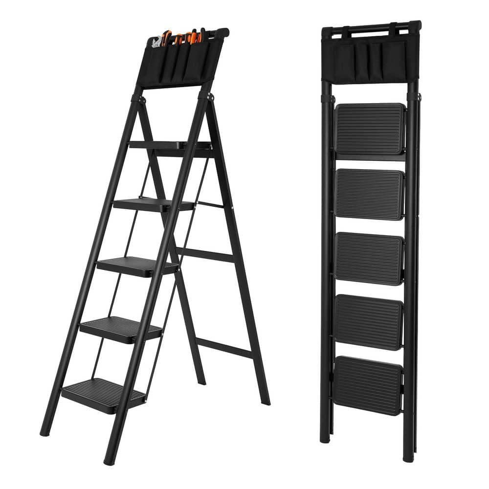 Tatayosi 5 Step Ladder Steel Folding Step Stool Ladder with Tool Bag, 550 lbs. Load Capacity (11 ft. Reach Height)