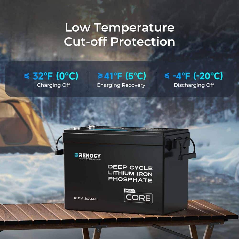 Renogy 12V 200Ah Lithium LiFePO4 Deep Cycle Battery Rechargeable Compact Backup Power, Waterproof, Low-Temperature-Core Mini (3)