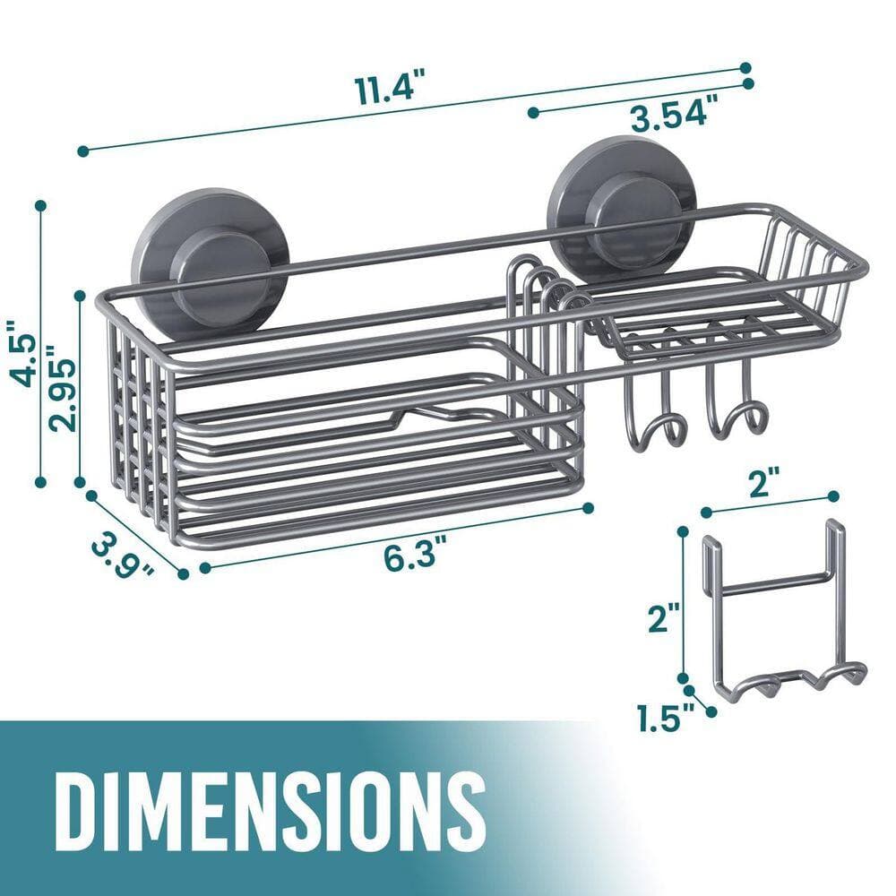 Numhew Suction Cup No-Drilling Shower Caddy with Soap Holder and Hooks in Gray for Bathroom Toiletries and Shower Storage (2)