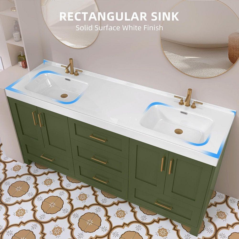 NTQ 73 in. W x 22 in. D Solid Surface White Vanity Top Rectangular Double Sink Bathroom Vanity Top in Glossy White (3)