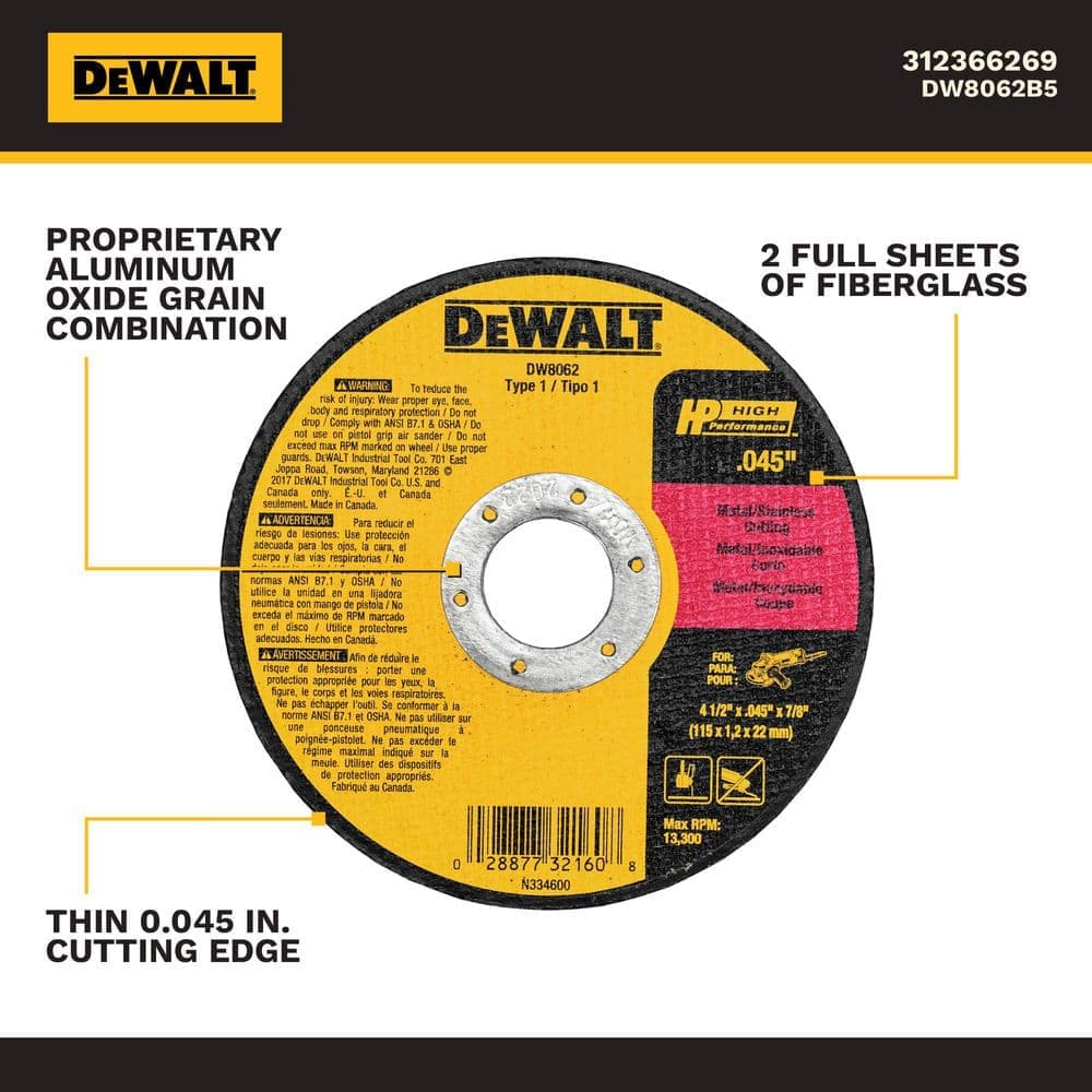 DEWALT 4-1/2 in. x 0.045 in. x 7/8 in. Metal and Stainless Cutting Wheel (5-Pack) (2)
