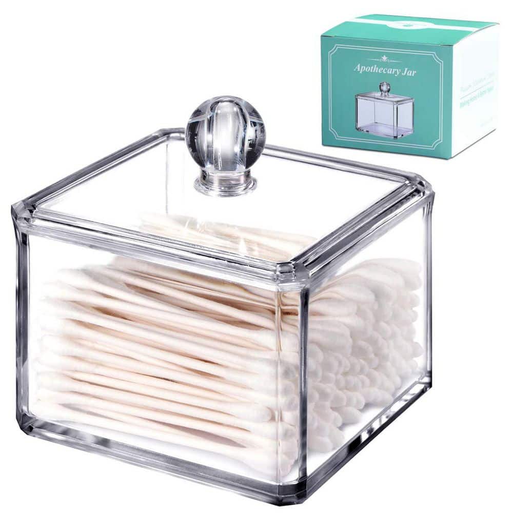 KHKFY 2-Pack Modern Square Acrylic Qtip Holder Jars with Lids for Bathroom Vanity, Clear Shatterproof Jars (2)