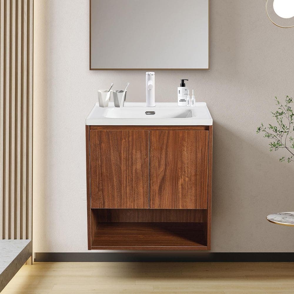 NexHome 24 in. Wall Mount Bath Vanity Cabinet without Top, Moisture Resistant with Open Shelf in Brown Walnut (3)