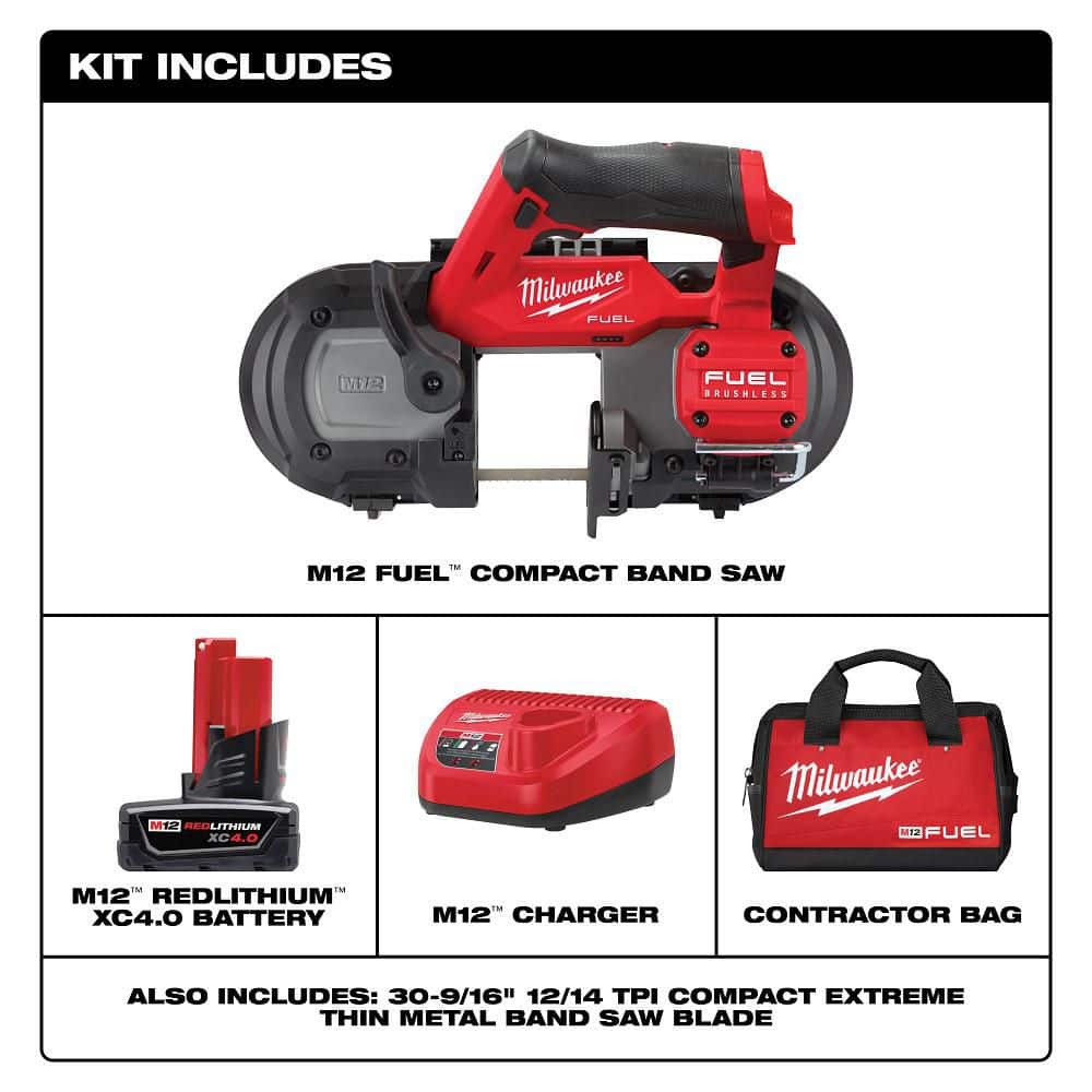 Milwaukee M12 FUEL 12V Lithium-Ion Cordless Compact Band Saw XC Kit with One 4.0 Ah Battery, Charger, Bag, and Fan (3)