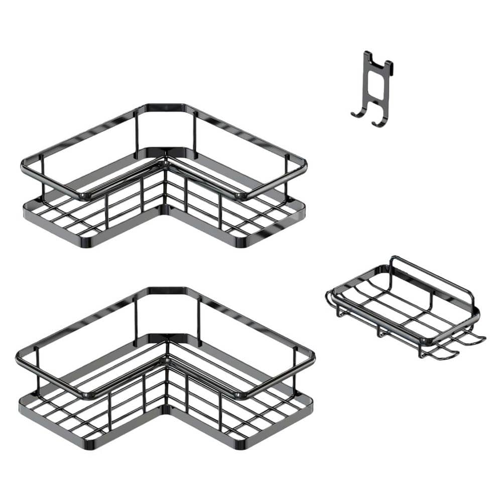 Wudkey 3-Pack Rustproof Stainless Steel Shower Caddy Corner, Adhesive Shower Shelves with Soap Holder, No Drilling in Black (1)