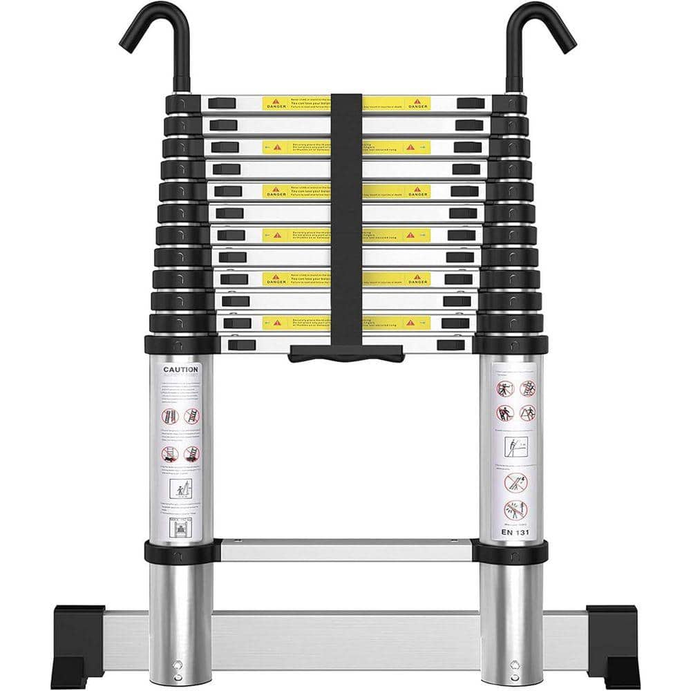 KIWDZFU 12.5 FT Aluminum Telescoping Ladder with Hooks and Stabilizer, 330lbs Capacity, EN131 Certified