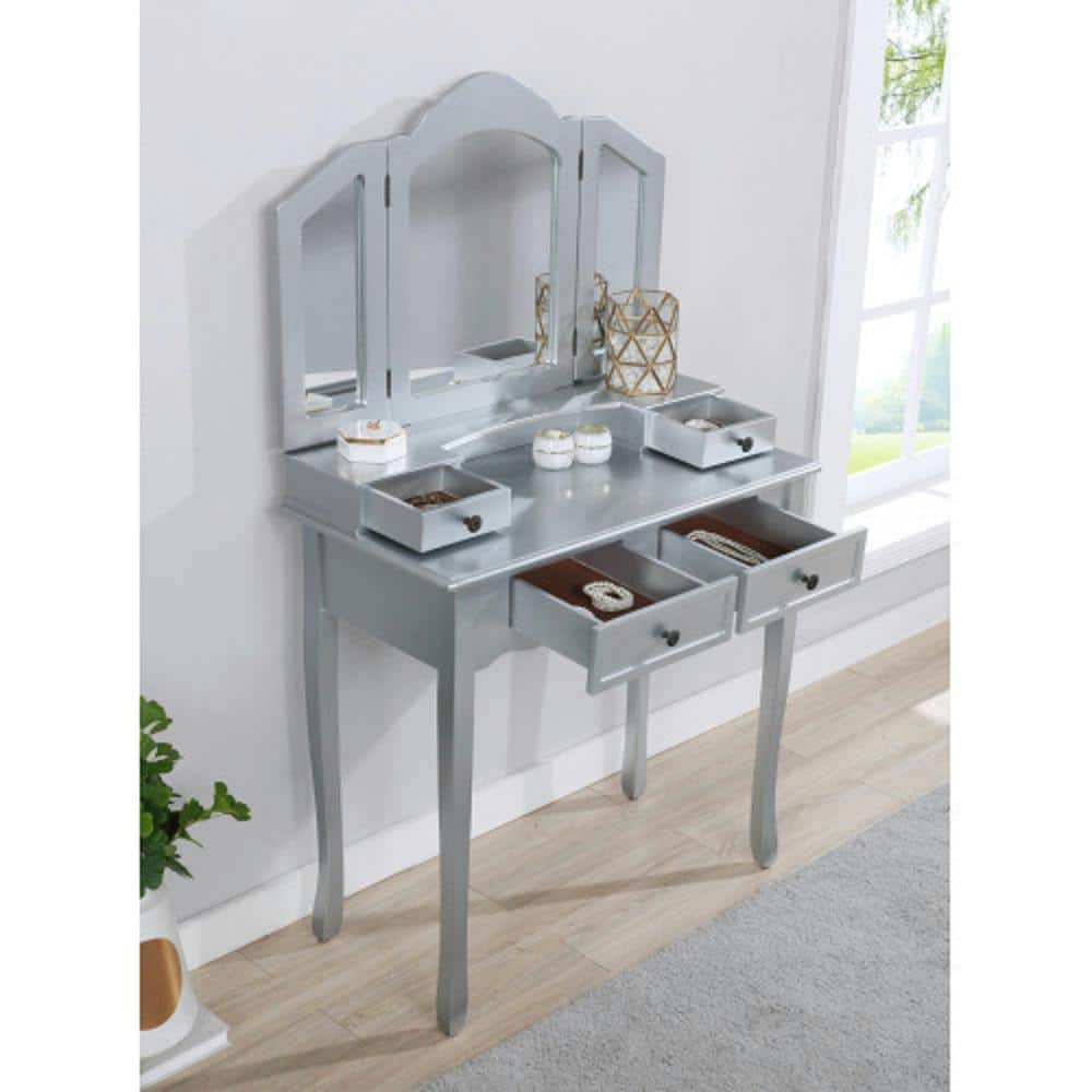 Adrinfly 18.50 in W x 33.75 in D x 17.16 in H, Bath Vanity Cabinet without Top in Silver with Mirror, Table and Stool Set (2)
