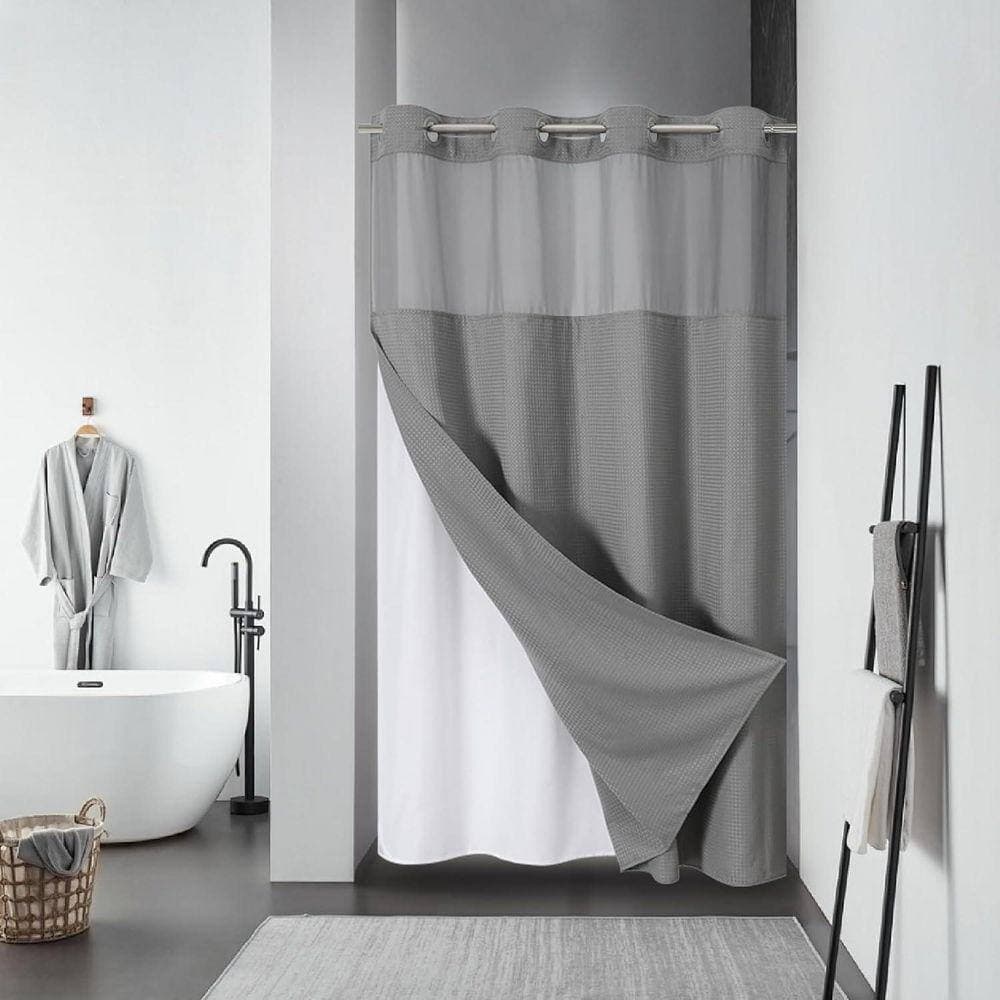 Unbranded Waffle Weave Fabric Shower Curtain Set with Snap-In Liner Replacement 54x80 Waterproof No Hook Design in Grey (3)