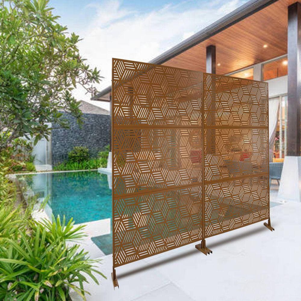 Unbranded Outdoor and Indoor 6.3 ft. x 4 ft. Freestanding Decorative Privacy Fence Screen Brown Metal for Garden Fence (2)