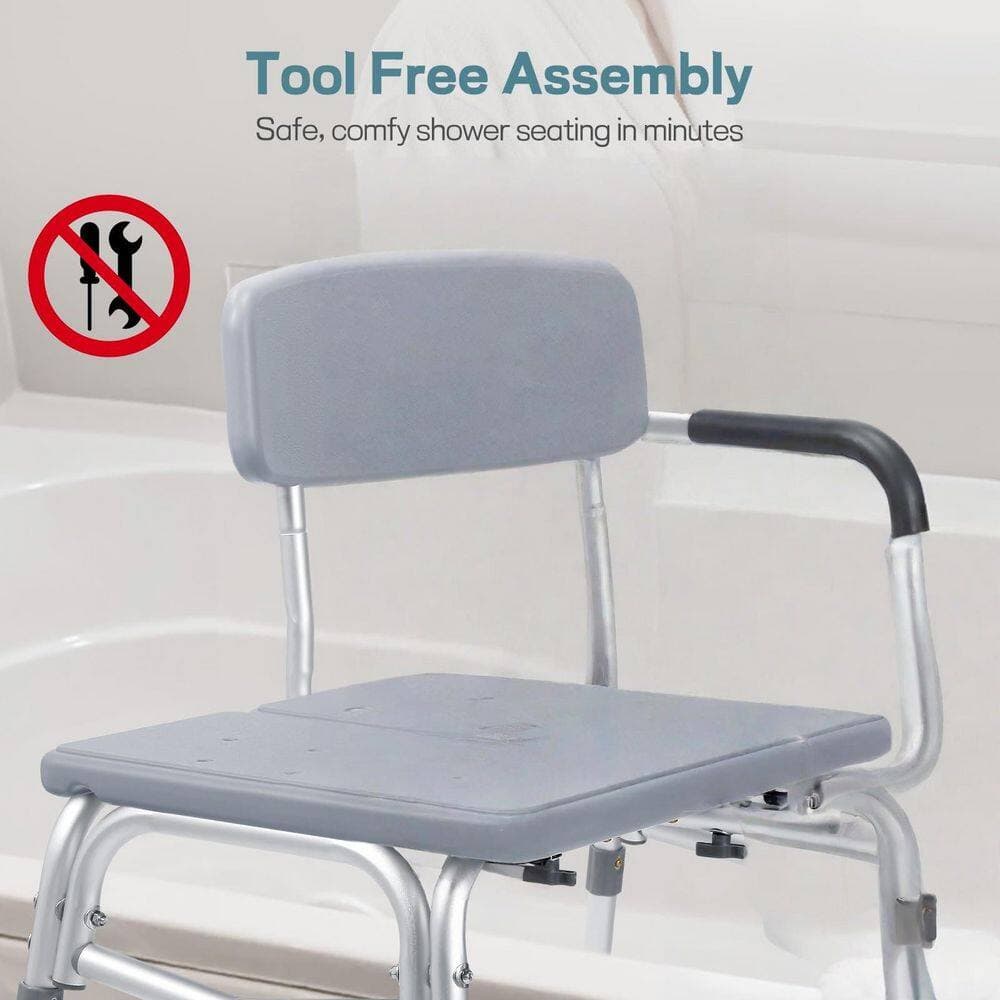 Numhew 32 in. W Freestanding Height‑Adjustable Transfer Bench with Backrest and Arm Support for Elderly Seniors in Gray (3)