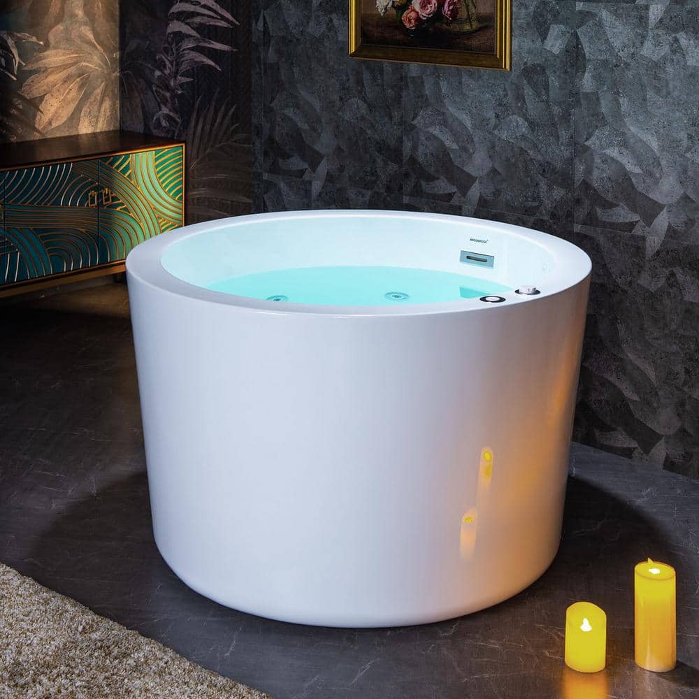 WOODBRIDGE 41 in. x 41 in. Acrylic Round Whirlpool with Inline Heater Bathtub with Pre-Molded Seat, Reversible Drain in White (2)
