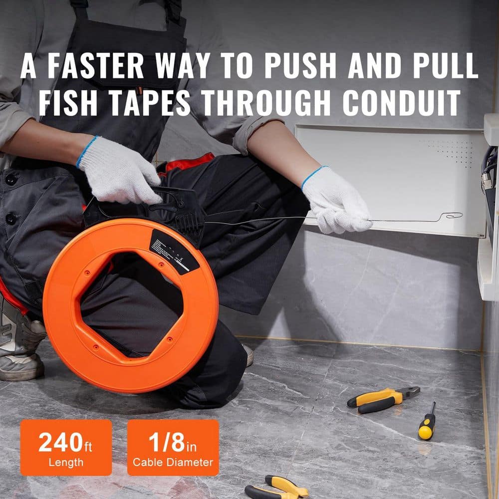 BIBIVIS 240 ft. 1/8 in. Orange PET Fish Tape, Steel Wire Puller with Optimized Housing and Handle, Flexible Wire Fishing Tools (2)