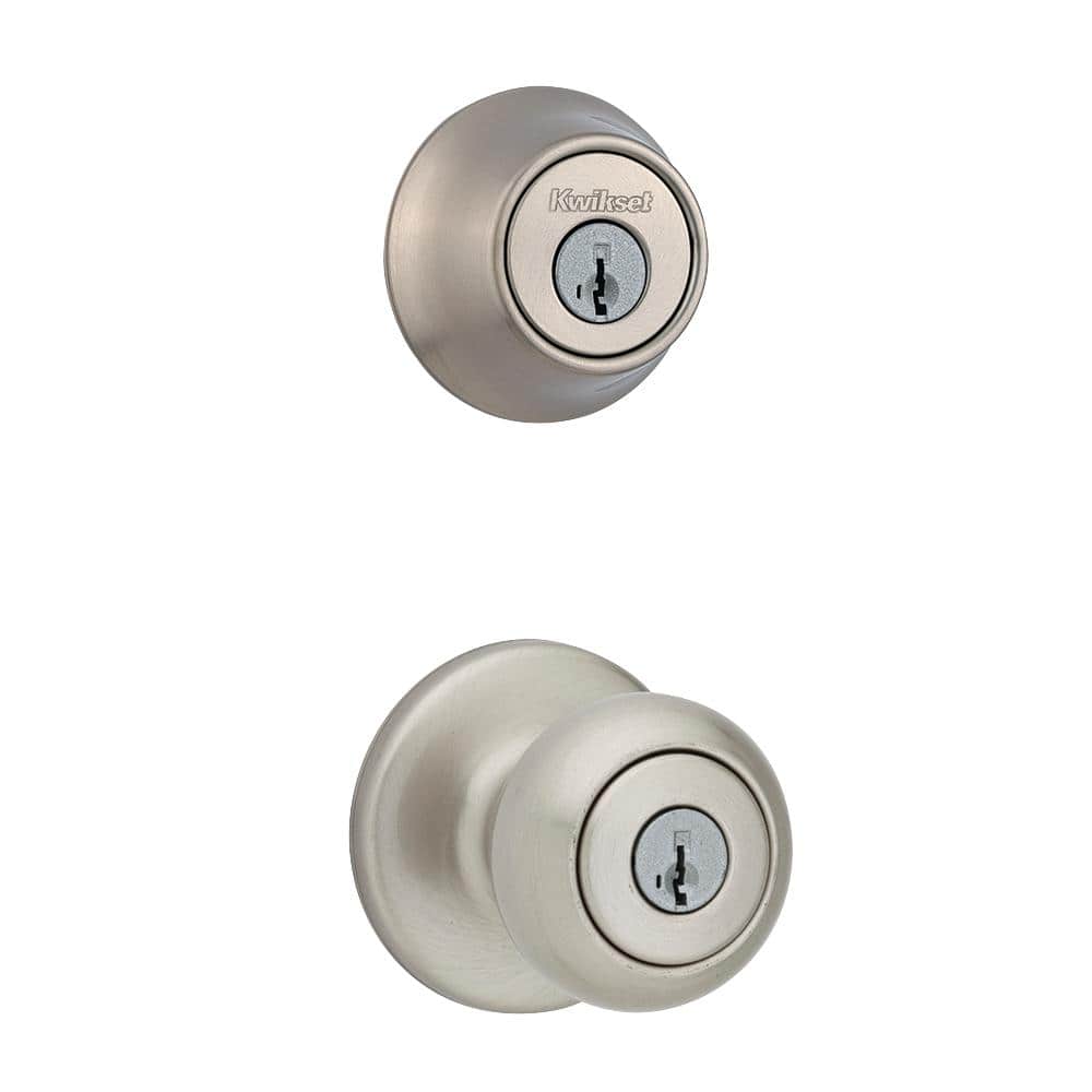 Kwikset Cove Satin Nickel Keyed Entry Door Knob and Single Cylinder Deadbolt Combo Pack featuring SmartKey and Microban (1)