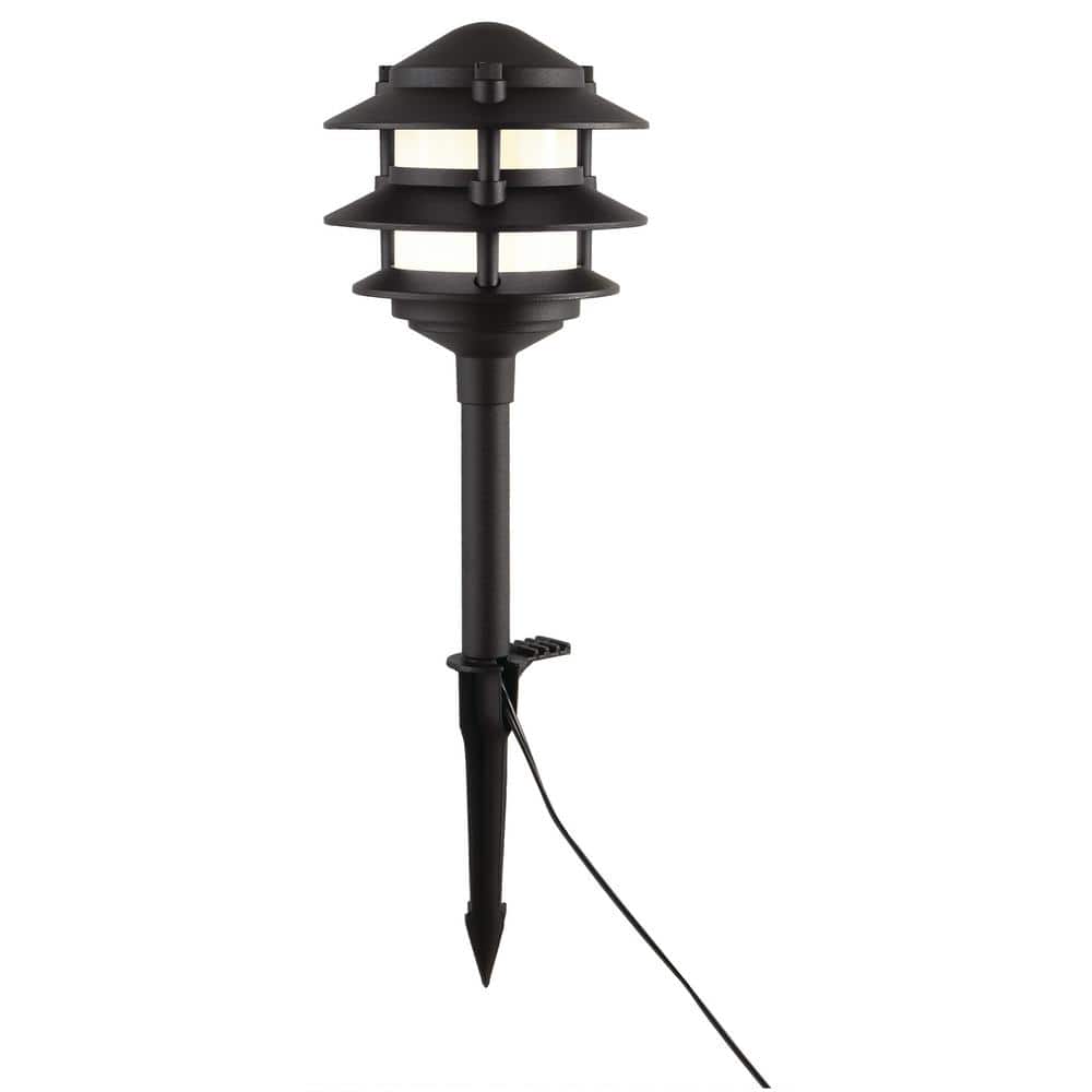 Hampton Bay Elmore 18 Lumen Low Voltage Black Integrated LED 3-Tier Metal Outdoor Landscape Path Light with Frosted Plastic Lens (3)