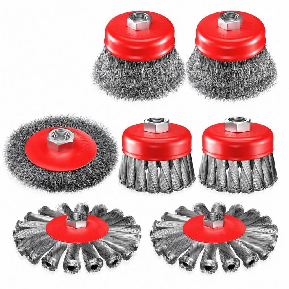 LAIFUCAM 7 Pieces wire wheel brush set for 4-1/2 in. angle grinder, carbon steel knotted crimped cup wheel, rust removal