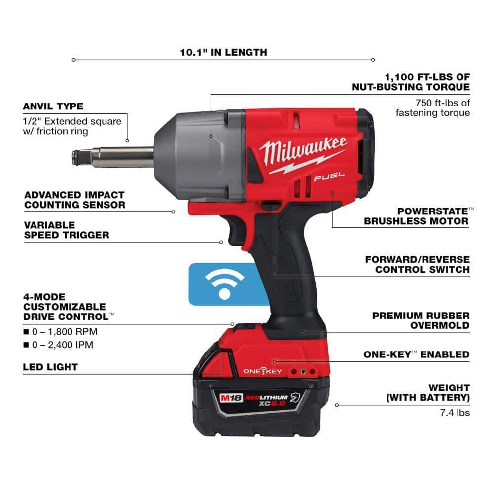 Milwaukee M18 FUEL ONE-KEY 18V Li-Ion Brushless Cordless . Ext Anvil Controlled Torque Impact Wrench w/Resistant Batteries (4)