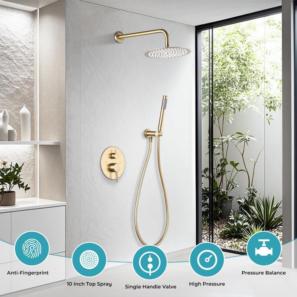 AKLFGN Single Handle 2-Spray 10 in Round Shower Faucet 2.5 GPM with 360° Swivel in. Brushed Gold (2)
