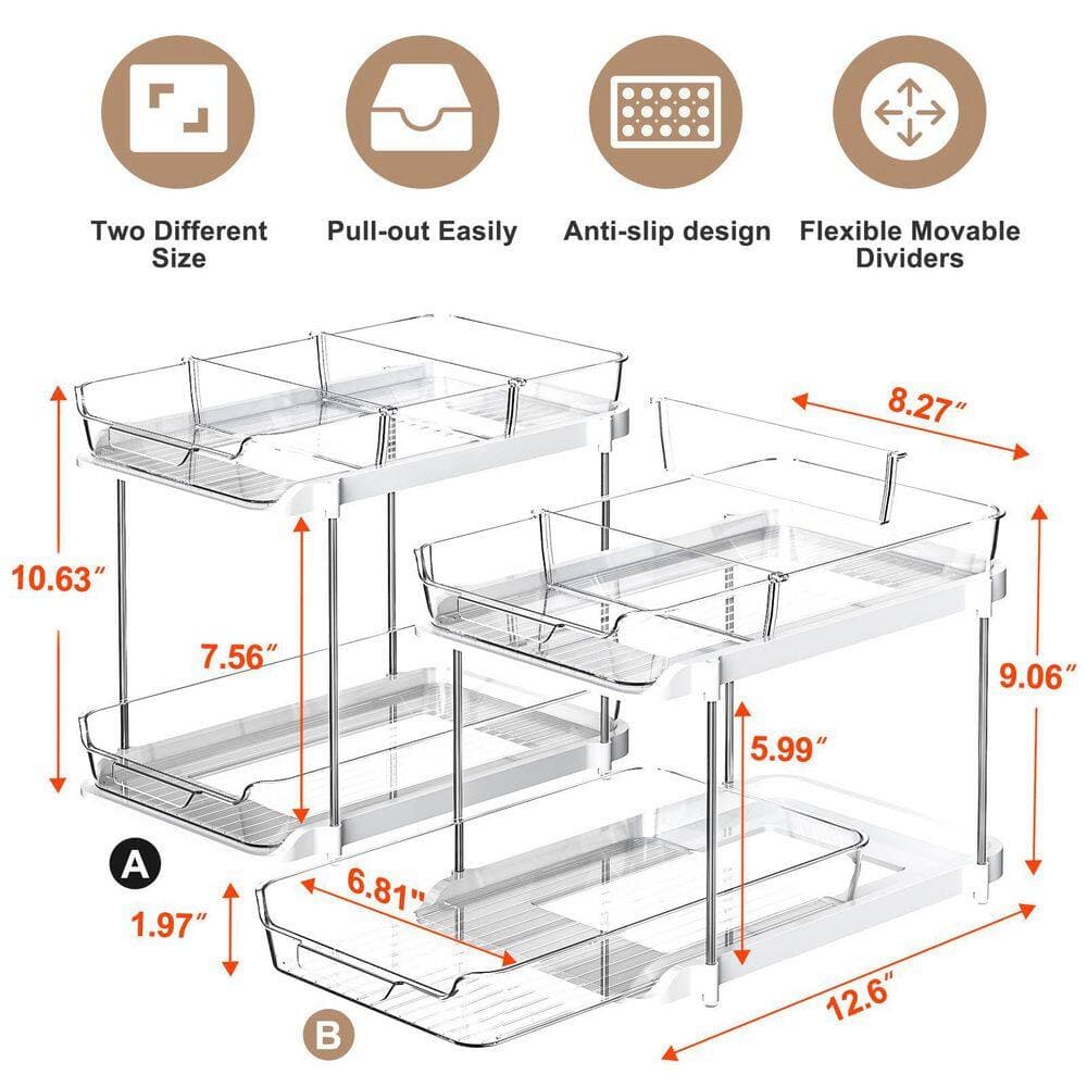 Wudkey 2-Piece Bath Accessory Set in White, 2-Tier Pull Out Under Sink Organizer with Movable Dividers, Bathroom Storage Rack (2)