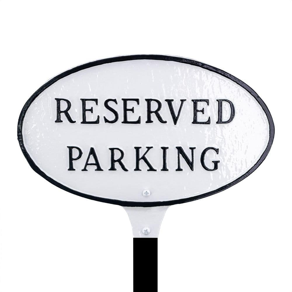 Montague Metal Products 6 in. x 10 in. Small Oval Reserved Parking Statement Plaque Sign with Lawn Stake-White/Black