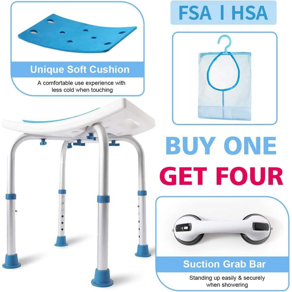 Adrinfly 16.73 in. W, Aluminum Shower Bath Chairs for Seniors/Disabled with Free Assist Grab Bar and Toiletry Bag in White/Blue (3)