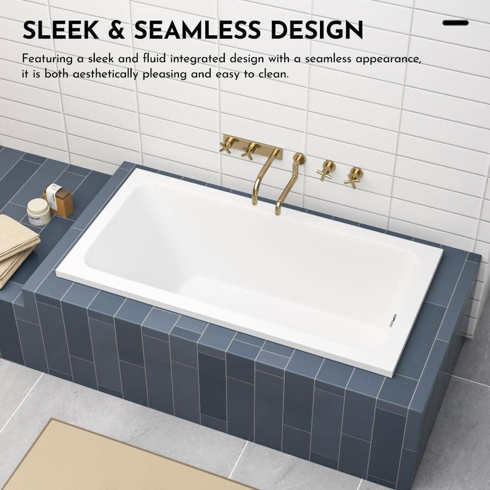 Kichae 65.94 in. x 30.69 in. White Acrylic Drop-In Soaking Tub Reversible Drain Ergonomic Comfort for Bathroom (3)