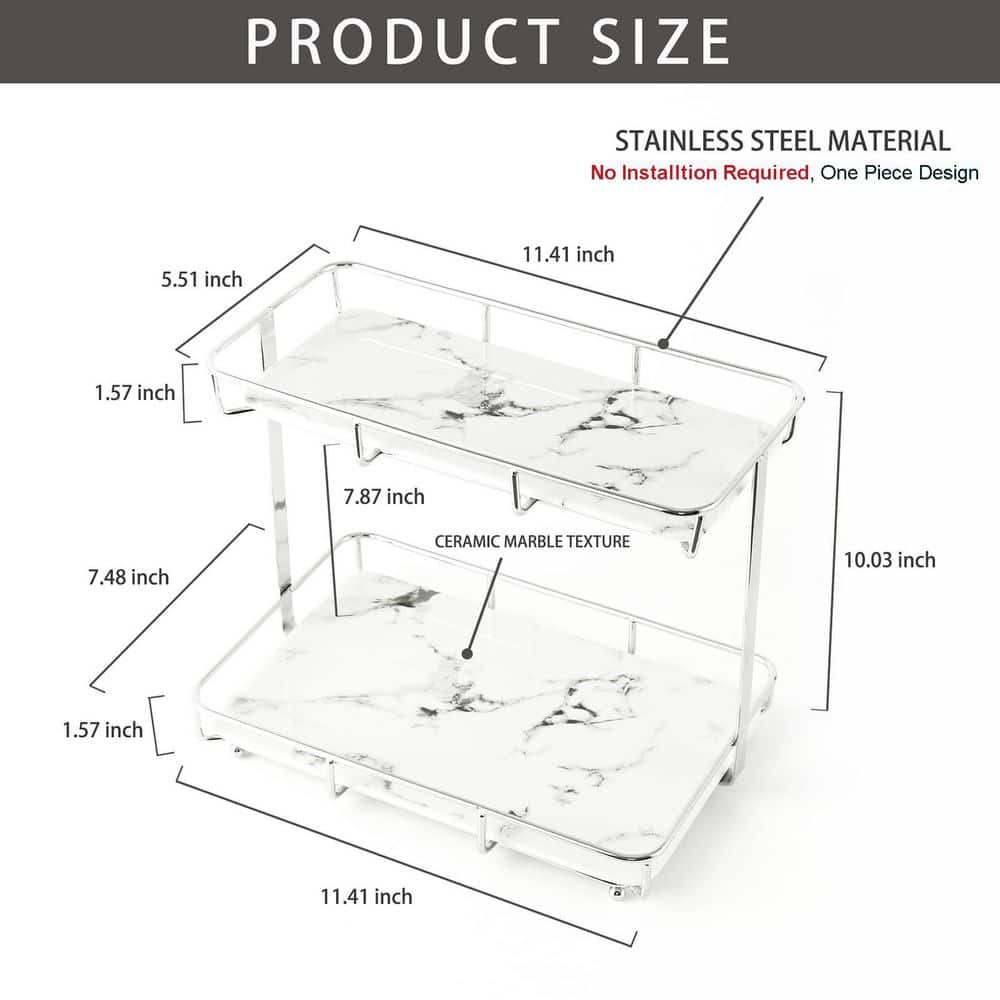 Numhew 2 Tier Sliver Ceramic Stainless Steel 11.41 in. x 7.48 in. x 10.03 in. Bathroom Organizer Makeup Vanity Tray (2)