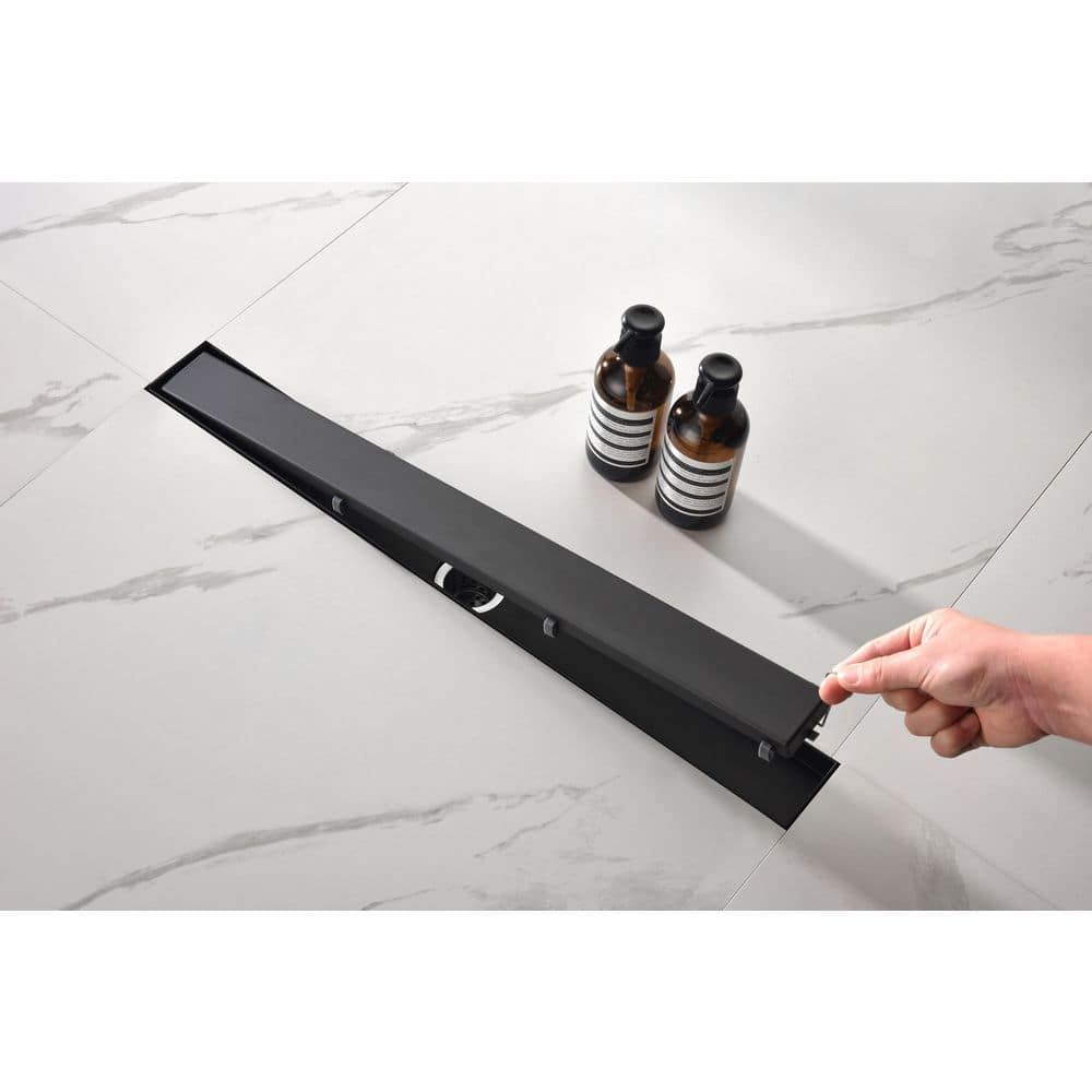 Unbranded Linear Shower Drain with Removable Quadrato Pattern Grate, 304 Stainless, Included Hair Strainer and Leveling Feet (2)