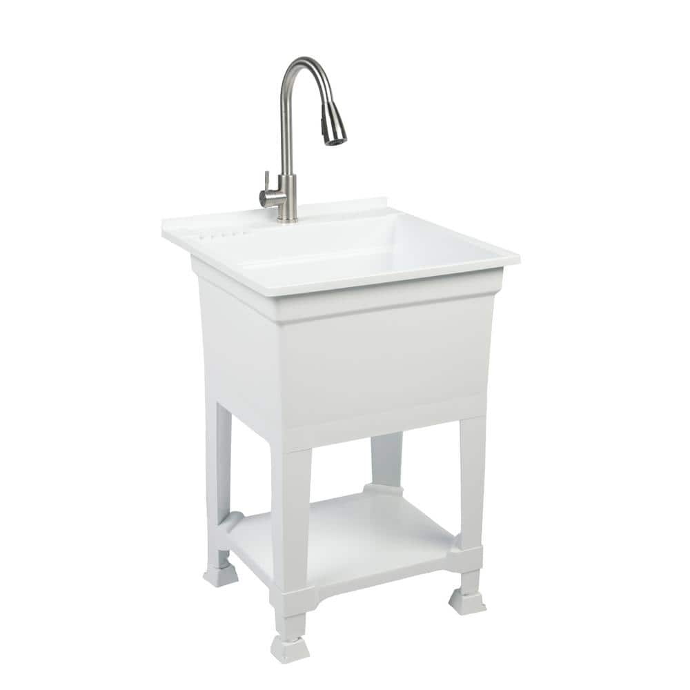 Glacier Bay 24 in. W x 24 in. D x 35 in. H Freestanding Laundry/Utility Sink in White with Stainless Steel Pull-Out Faucet