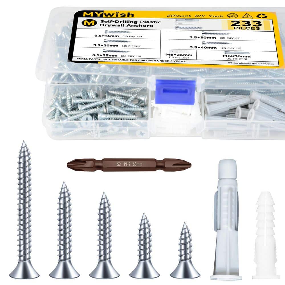 MYWISH #6 x 1.42 Drywall Push-In Ribbed Anchor with Screw (233-Pack) (1)